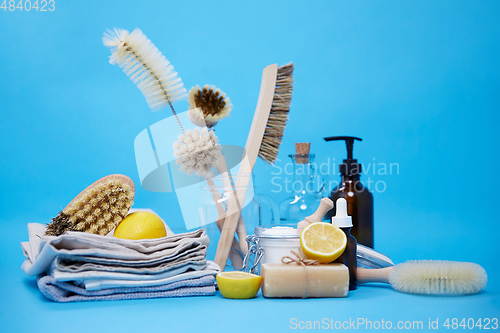 Image of lemons, soap, washing soda, vinegar and brushes