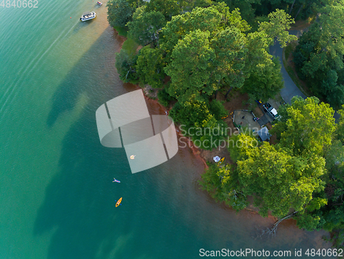 Image of aerial over lake hartwell south carolina and georgia line at sun