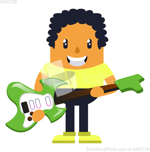 Image of Man holding green guitar, illustration, vector on white backgrou