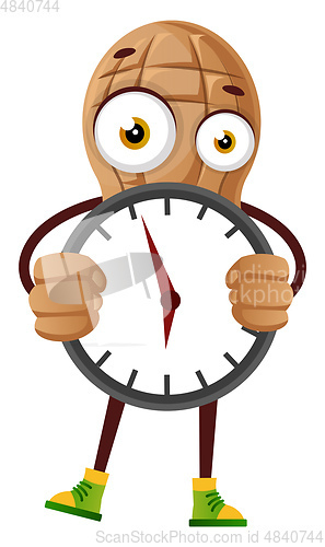 Image of Peanut holding big clock, illustration, vector on white backgrou