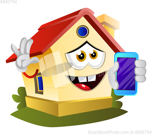 Image of House is holding mobile phone, illustration, vector on white bac