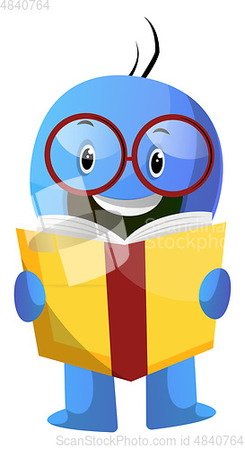 Image of Blue cartoon caracter with book and glasses illustration vector 