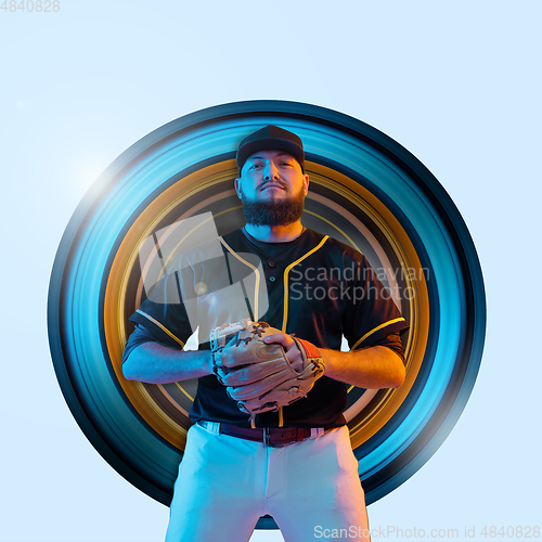 Image of Baseball player, pitcher in a black uniform, modern design in neon