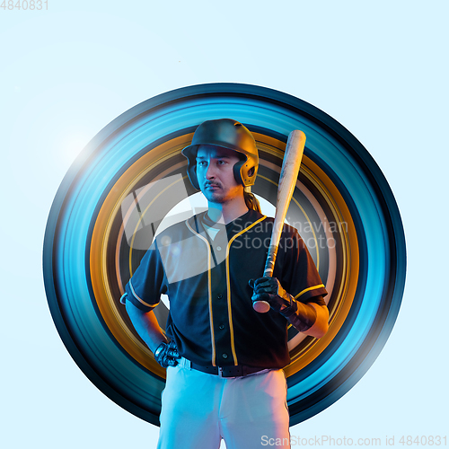 Image of Baseball player, pitcher in a black uniform, modern design in neon