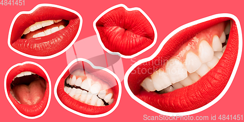 Image of Collage in magazine style with female lips on bright background, flyer