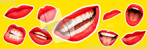 Image of Collage in magazine style with female lips on bright background, flyer