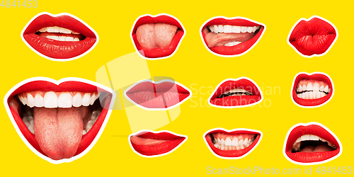 Image of Collage in magazine style with female lips on bright background, flyer
