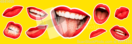 Image of Collage in magazine style with female lips on bright background, flyer