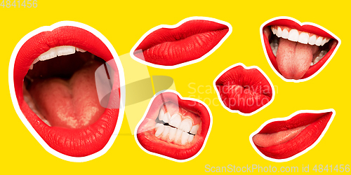 Image of Collage in magazine style with female lips on bright background, flyer