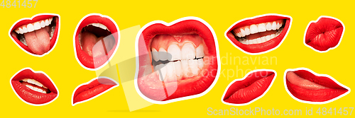 Image of Collage in magazine style with female lips on bright background, flyer