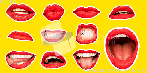 Image of Collage in magazine style with female lips on bright background, flyer