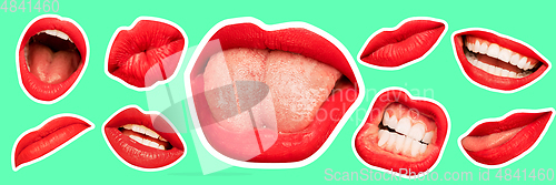 Image of Collage in magazine style with female lips on bright background, flyer