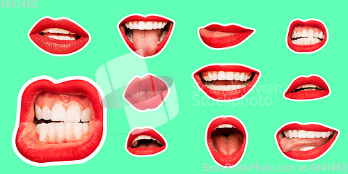 Image of Collage in magazine style with female lips on bright background, flyer