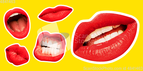 Image of Collage in magazine style with female lips on bright background, flyer