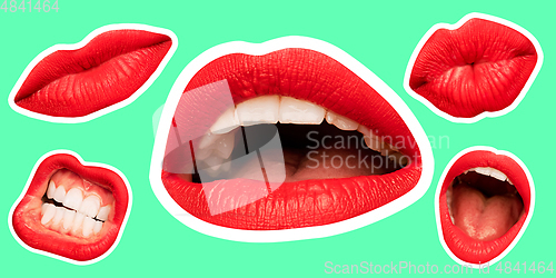 Image of Collage in magazine style with female lips on bright background, flyer