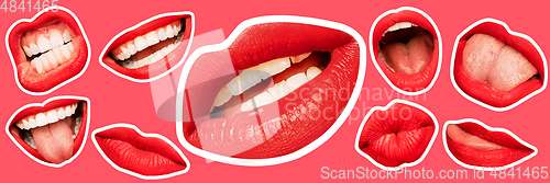 Image of Collage in magazine style with female lips on bright background, flyer