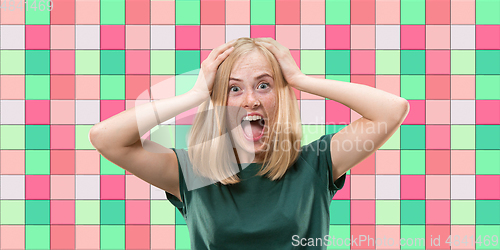 Image of Caucasian woman\'s portrait on mosaic tiles on the background, flyer