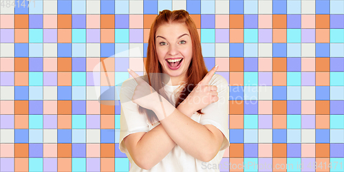 Image of Caucasian woman\'s portrait on mosaic tiles on the background, flyer