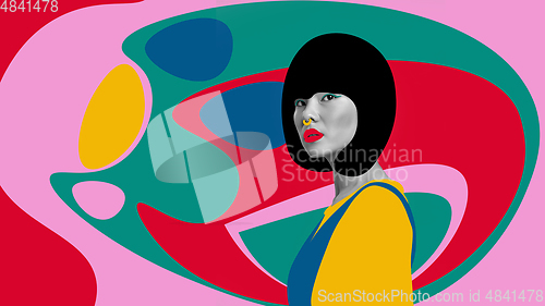 Image of Portrait of a beautiful young woman with bright colorful painted design, flyer