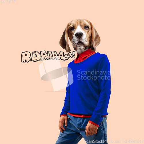 Image of Contemporary artwork, conceptual collage. Man headed by dog head. Trendy colors.