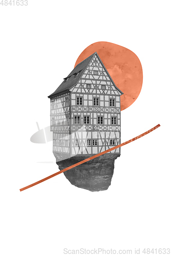 Image of Contemporary art collage. Flying cozy house, building.