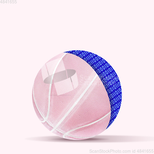 Image of Contemporary modern art collage with unusual pink basket-ball.