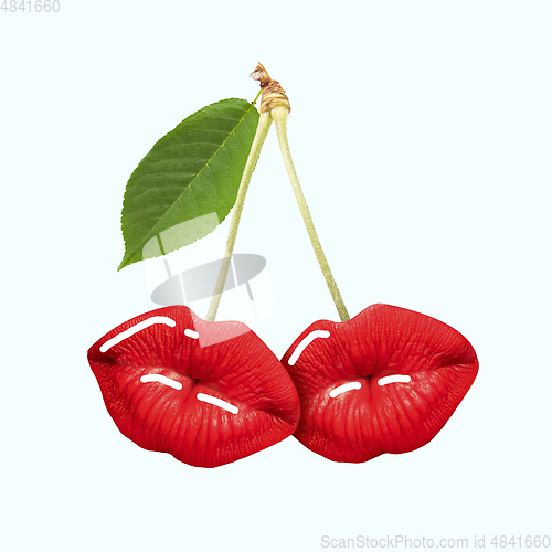 Image of Contemporary modern art collage with unusual red-ripe cherries.