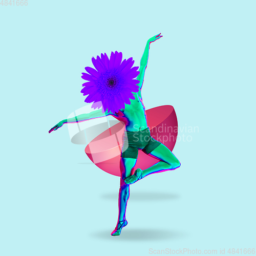 Image of Art collage. Young male ballet dancer headed of flower on light blue background.