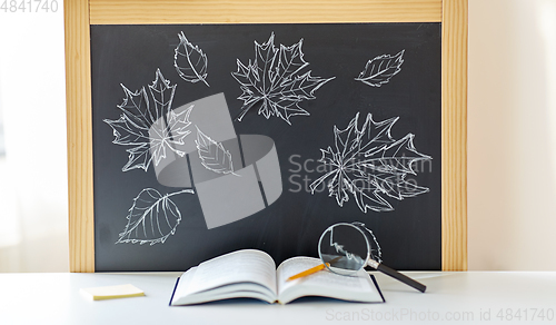 Image of book with magnifier on table and chalkboard