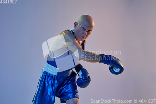 Image of Senior man wearing sportwear boxing isolated on gradient studio background in neon light. Concept of sport, activity, movement, wellbeing. Copyspace, ad.