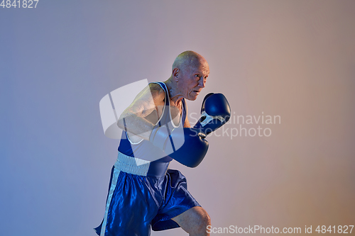 Image of Senior man wearing sportwear boxing isolated on gradient studio background in neon light. Concept of sport, activity, movement, wellbeing. Copyspace, ad.