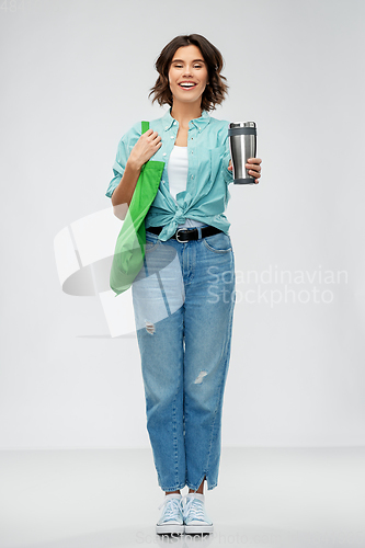 Image of woman with bag for food shopping and tumbler