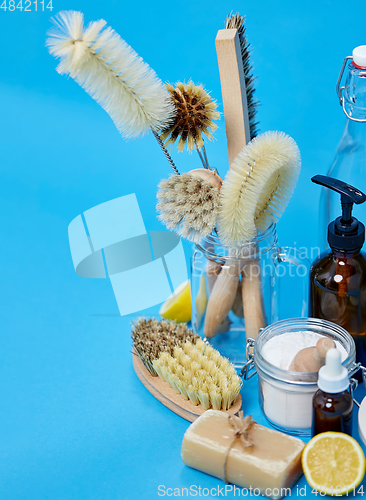 Image of lemons, soap, washing soda, vinegar and brushes