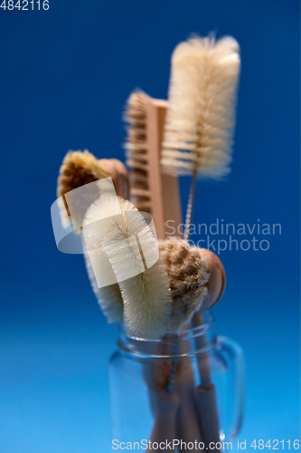 Image of different natural cleaning brushes in glass jar