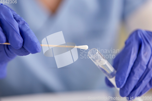 Image of hands in gloves holding test tube and cotton swab