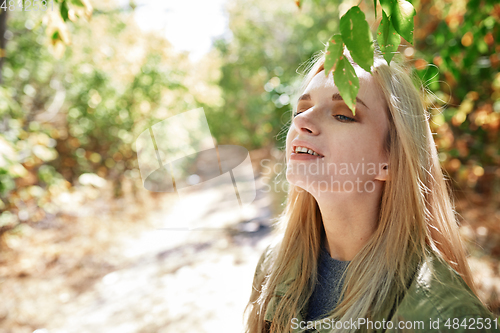 Image of Young adult woman spending quality time in the forest