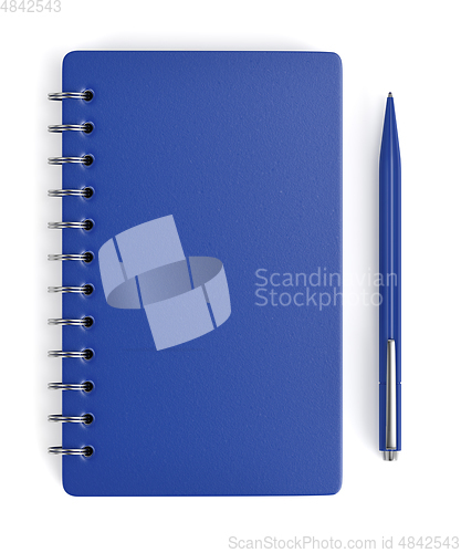 Image of Blue spiral notebook and pen