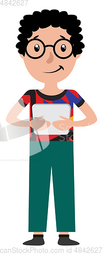 Image of Cartoon teen boy holding the tablet illustration vector on white