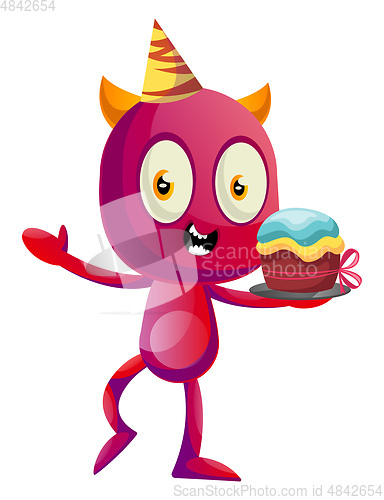 Image of Devil with Birthday cake, illustration, vector on white backgrou