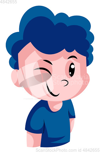 Image of Boy with a blue curly hair winking illustration vector on white 