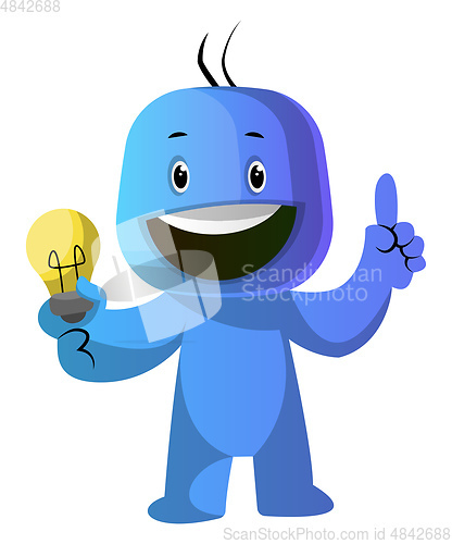 Image of Blue cartoon caracter with lightbulb illustration vector on whit