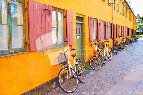 Image of Bycicles old building wall. Copenhagen