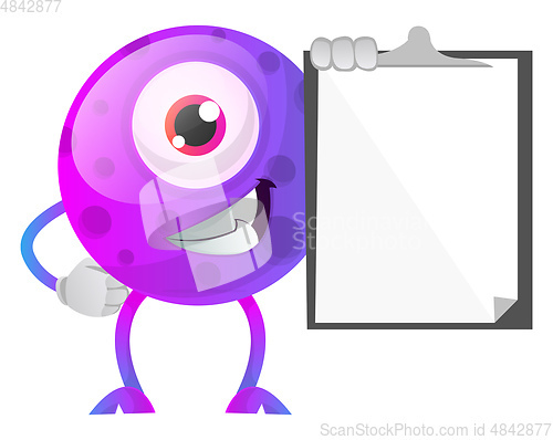 Image of Smiling one eyed monster holding a notepad illustration vector o