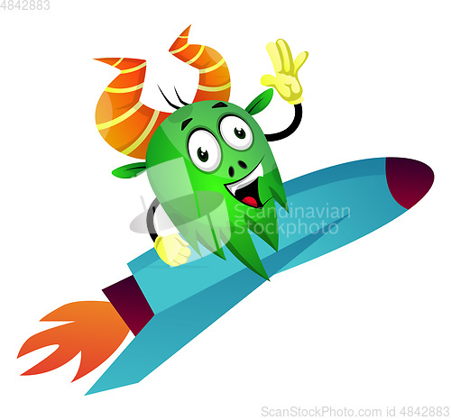 Image of Cartoon monster on a rocket, illustration, vector on white backg
