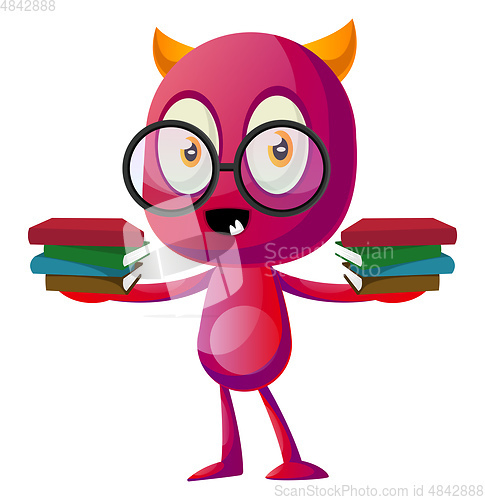 Image of Devil with glasess holding books, illustration, vector on white 