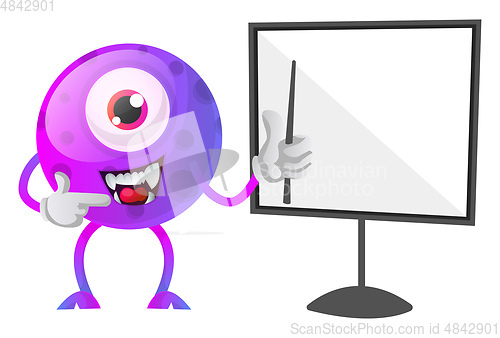 Image of One eyed purple monster showing how to draw on a board illustrat