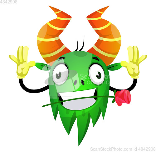 Image of The monster with horns holding a rose in his teeth, illustration