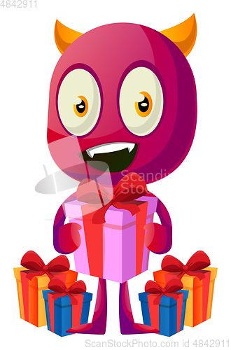 Image of Devil with presents, illustration, vector on white background.