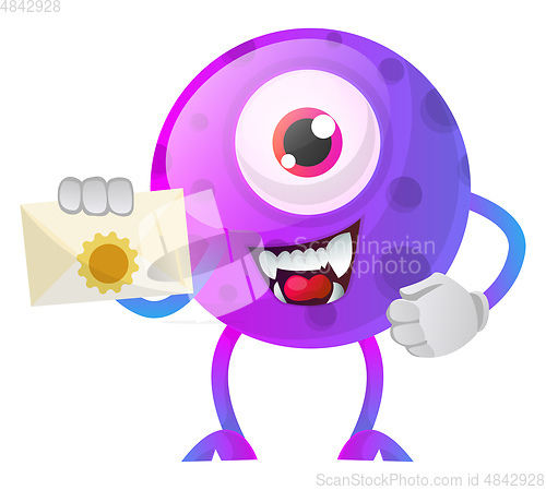 Image of Purple monster holding envelope illustration vector on white bac