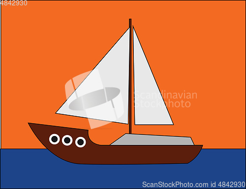 Image of Portrait of a boat sailing across the sea over an orange backgro